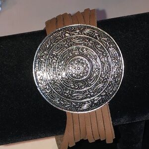 Brown Faux Leather Bracelet with Silver Tone Medallion
